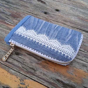 Portafoglio con cerniera in denim riciclato, piccolo portafoglio in tessuto, jeans riciclati.