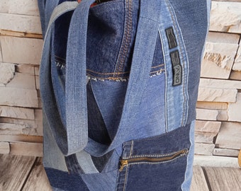 Recycled denim tote bag, upcycled jeans bag.