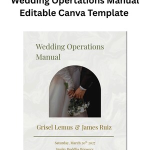 May include: An editable Canva template for a Wedding Operations Manual featuring a light grey marble background. The cover displays the text Wedding Operations Manual, the names Grisel Lemus & James Ruiz, the date Saturday, March 20th 2027, and location.