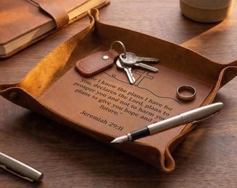 Bible Verse Leather Catchall Tray, Christian Gift for Men, Scripture Desk Organizer, Religious Gifts, Fathers Day Gift, 3rd Anniversary Gift