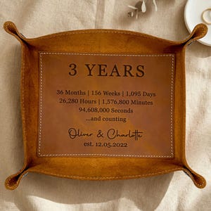 Personalized Leather Valet Tray, 3rd Anniversary Gift for Him, 3 Year Anniversary Gift Husband, Custom Catchall, Engraved Tray for Men Women image 2