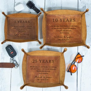 May include: Three brown leather trays with rounded corners and raised edges, each with a rectangular insert. The trays are labeled "3 YEARS", "10 YEARS", and "25 YEARS" with time calculations and names. Accessories include sunglasses, a watch, and a car key.