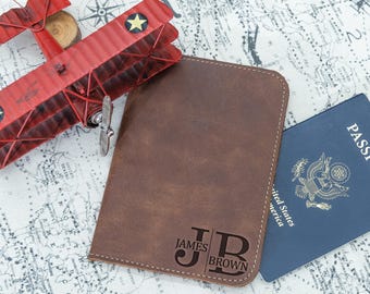 Engraved Leather Passport Holder, Personalized Travel Wallet