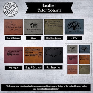May include: A display of leather color options with laser-engraved designs. The options include dark brown, gray, heather forest, navy, maroon, light brown, and anthracite. Each leather square features unique text and graphics, such as a world map, a tree, and personalized messages.
