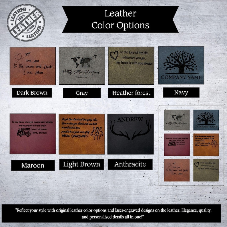 May include: A display of leather color options with laser-engraved designs. The options include dark brown, gray, heather forest, navy, maroon, light brown, and anthracite. Each leather square features unique text and graphics, such as a world map, a tree, and personalized messages.