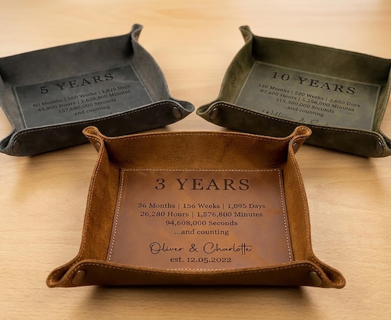 Personalized Leather Valet Tray, 3rd Anniversary Gift for Him, 3 Year Anniversary Gift Husband, Custom Catchall, Engraved Tray for Men Women