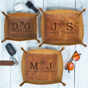 Personalized Full Grain Leather Valet Tray: Birth Month Flower Catchall