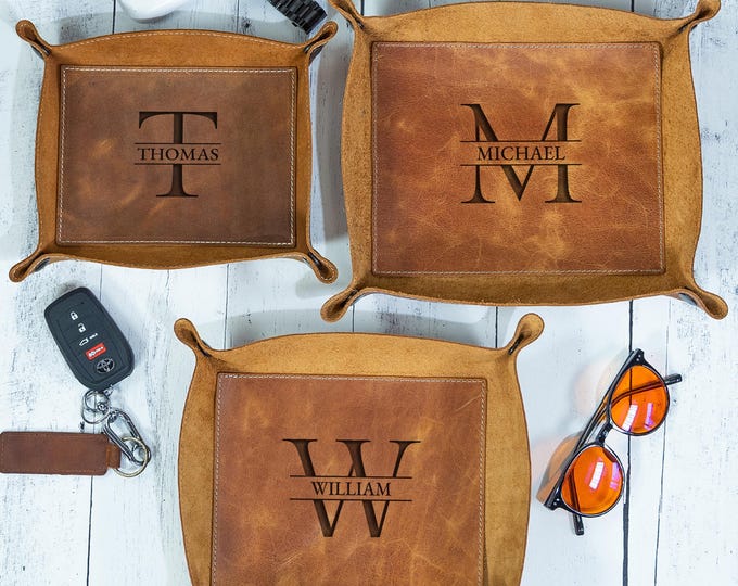Personalized Leather Valet Tray, Engraved Catchall Tray