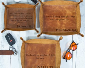 Personalized Full Grain Leather Valet Tray: Bible Verse Catchall