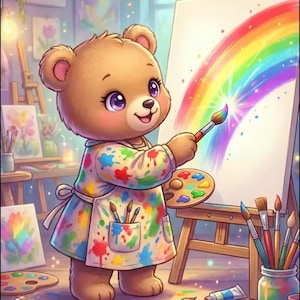 May include: A brown teddy bear wearing a paint-splattered apron stands at an easel, painting a vibrant rainbow on a canvas. The image features the text Créativité and Exprime ce qui vit en toi, with various art supplies like brushes and paint tubes.