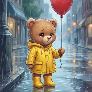 May include: A brown teddy bear wearing a yellow hooded raincoat and yellow rain boots stands in the rain on a city street, holding a single red balloon. The text "Abandon répété" is printed in white at the bottom of the image.