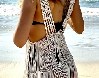 Handmade Macrame Fringe Vest Dress - Boho Beach Cover Up