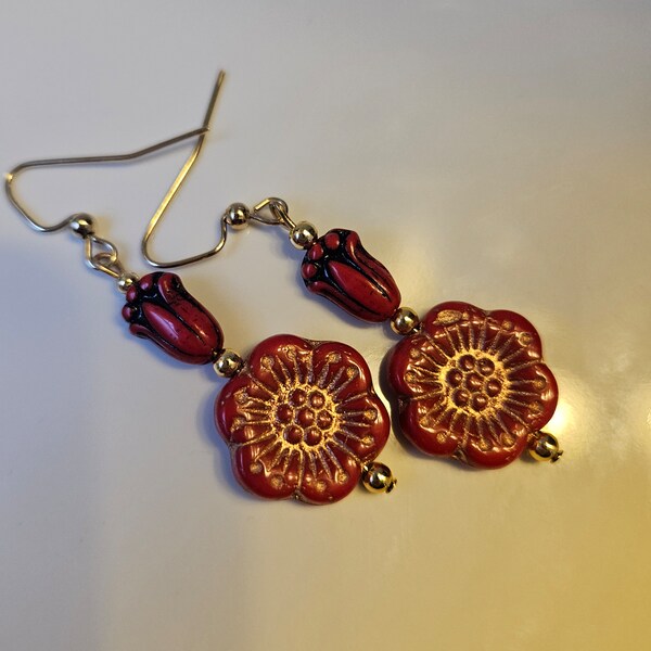 Red Czech Flower Earrings