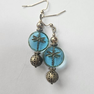 Blue Green Czech Dragonfly and Brass Bead Earrings