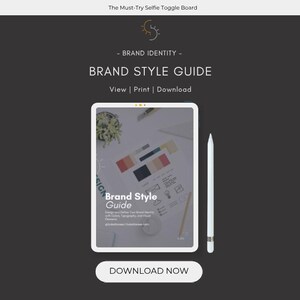 May include: A digital tablet displaying a "Brand Style Guide" with color swatches and text. A white stylus and small plant are next to the tablet. The background is dark gray, with the text "DOWNLOAD NOW" at the bottom.