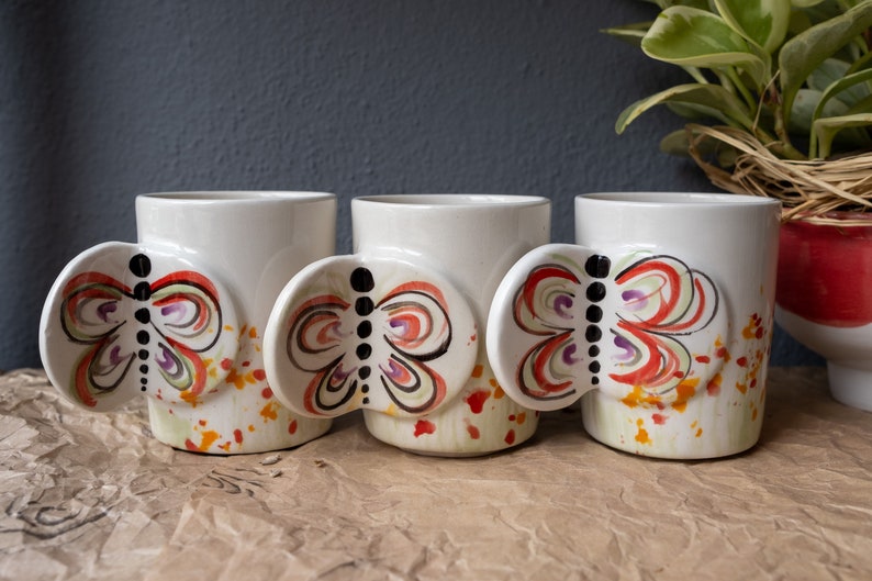 Ceramic Coffee mug with colorful butterfly handles , personalized gift, gift for her and mom, ceramic mug handmade, pottery handmade, fly image 5