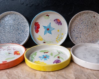 Handmade Pottery Platter Set of 6 Ceramic Plate. Colorful 6 plates, Dessert plate. Handmade different tableware with flower for Mother's day