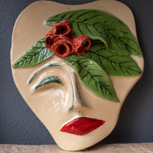 Handmade wall decorative mask with red flower and leaf, art, Wall Hanging beautiful women Face Shaped Ceramic Mask for Mother's day image 1