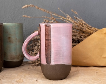 Modern handmade ceramic mug with charming and glittering pink and earth colors will make all your special moments for Mother's day