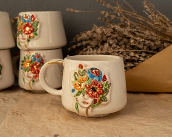 Frida Handmade ceramic Coffee mug with cute hand paint flowers will be perfect gift for all occasion! for Mother's day