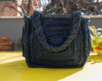 Handcrafted CROCHET PATTERN Blue Paper Yarn Shoulder Bag - Eco-Friendly Chic Accessory, shopping, summer,  handbag for Mother's day