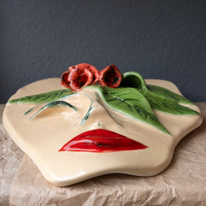 Handmade wall decorative mask with red flower and leaf, art, Wall Hanging beautiful women Face Shaped Ceramic Mask for Mother's day image 4