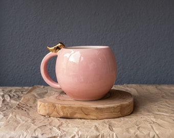 Pink handmade ceramic Coffee mug with golden bird will be perfect gift for all occasion! Best gift for Valentine's day!