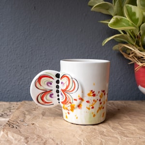 Ceramic Coffee mug with colorful butterfly handles , personalized gift, gift for her and mom, ceramic mug handmade, pottery handmade, fly image 1