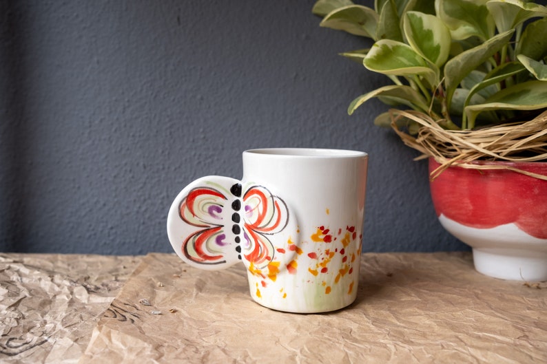 Ceramic Coffee mug with colorful butterfly handles , personalized gift, gift for her and mom, ceramic mug handmade, pottery handmade, fly image 1