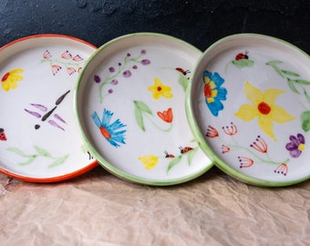 Handmade Pottery Platter Set of 3 Ceramic Plate. Colorful 3 plates, Dessert plate for Mother's day