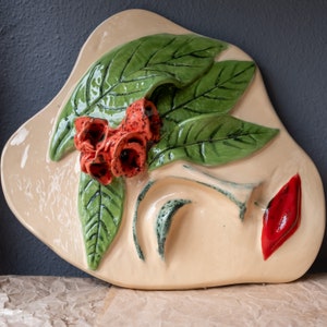 Handmade wall decorative mask with red flower and leaf, art, Wall Hanging beautiful women Face Shaped Ceramic Mask for Mother's day image 2