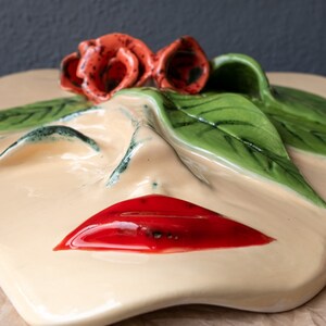 Handmade wall decorative mask with red flower and leaf, art, Wall Hanging beautiful women Face Shaped Ceramic Mask for Mother's day image 5