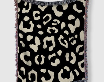 Leopard Woven Blanket | Oversized | Black and Ivory Throw Blanket | Neutral Animal Print Blanket | Living Room Decor | Aesthetic Bedding