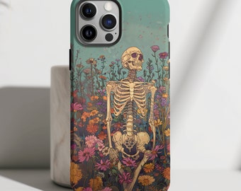 Sassy Skeleton In Wildflowers iPhone Case Floral Goth Phone Case For Samsung Galaxy Google Pixel Cute Protective Cellphone Case For Girls