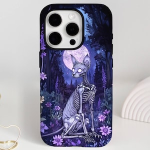 Spooky Cat Phone Case, Sphynx Cat Skeleton Phone Cover Gift, Goth Phone Cases for iPhone Samsung Galaxy, Pagan Witchy Aesthetic Phone Cover