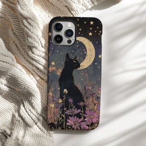 Gothic Black Cat Phone Case Midnight Witching Hour Spooky iPhone Case Floral Wildflowers Case For Samsung Galaxy Google Pixel Tough Case