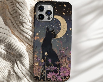 Gothic Black Cat Phone Case Midnight Witching Hour Spooky iPhone Case Floral Wildflowers Case For Samsung Galaxy Google Pixel Tough Case