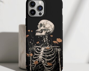 Macabre Skeleton and Wild Flowers Phone Case Goth Aesthetic Spooky iPhone Case Grunge Dark Case For Samsung Galaxy Google Pixel Tough Case