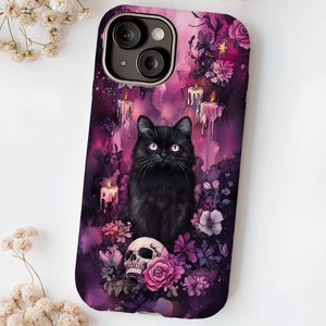 Black Cat Floral Goth Phone Case: Spooky Season iPhone, Galaxy, Pixel