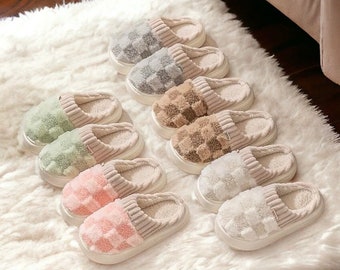 House Slippers, Slippers Women, Checkered, Fuzzy Slippers, Comfort Colors, Pastel, Cute Slippers, Plaid, Non-Slip, Fluffy slippers