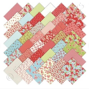May include: A collection of square fabric swatches arranged in a herringbone pattern. The fabric pieces feature various floral, polka dot, and geometric prints in a color palette of red, light blue, lime green, white, and soft pink.