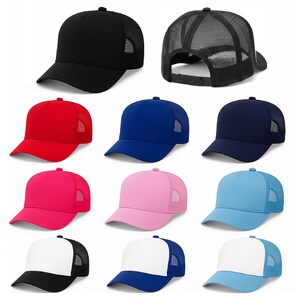 May include: A collection of baseball caps in various colors, including black, red, blue, pink, and light blue. Each cap features a mesh back for ventilation and a curved brim. Some caps have a solid color design, while others have a white front panel.