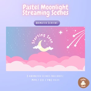 Pastel Moonlight Animated Streaming Scenes Overlay // For OBS, Stream Elements // Starting Soon screen ; Offline screen; BRB screen//