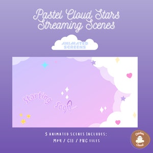 Pastel Cloud Stars Animated Streaming Scenes Overlay // For OBS, Stream Elements // Starting Soon screen ; Offline screen; BRB screen//