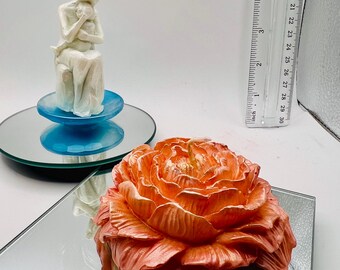 Hand crafted silvery white mother and child soy candle on a resin blue dish paired with a soy apricot colored pansey flower - Free Shipping