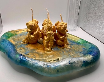Golden Angels grouping handmade soy candles on (reusable) handmade mica multicolor resin tray - shipping included in price!