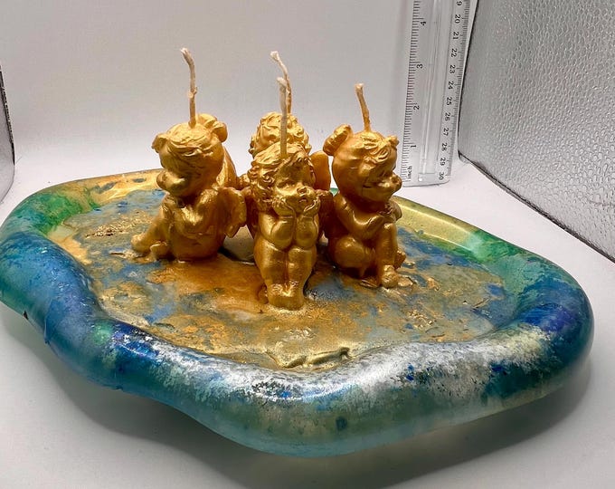 Golden Angels grouping handmade soy candles on (reusable) handmade mica multicolor resin tray - shipping included in price!