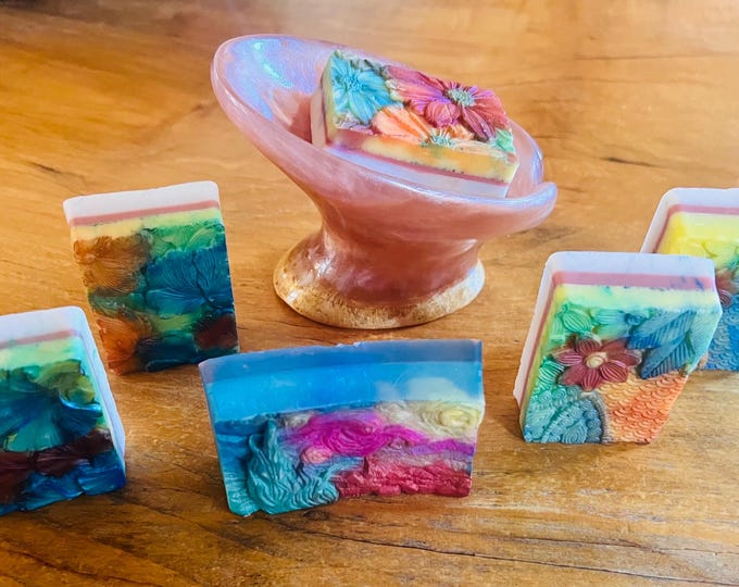7 piece set - handcrafted 5 flower and a Van Gogh Starry Night cold press goat milk soap bars with soap dish-  shipping included