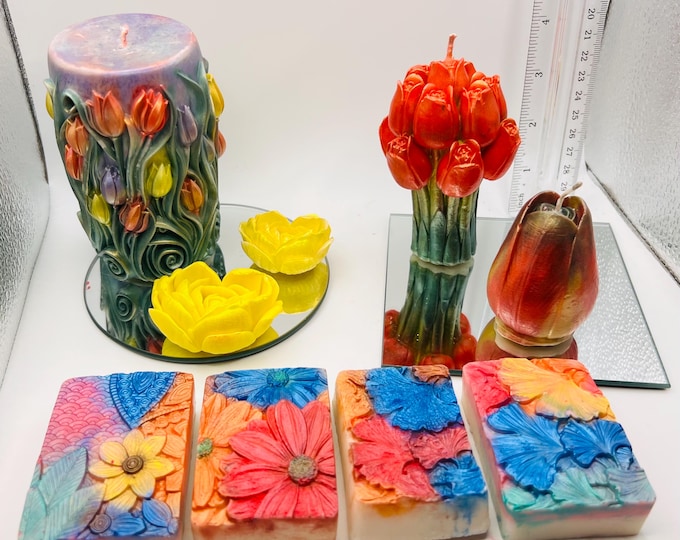 Handmade floral themed soy wax candle with goat milk soap set with free shipping!