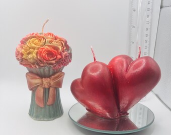 Bouquet of roses and double hearts large handmade soy wax candle set, shipping included